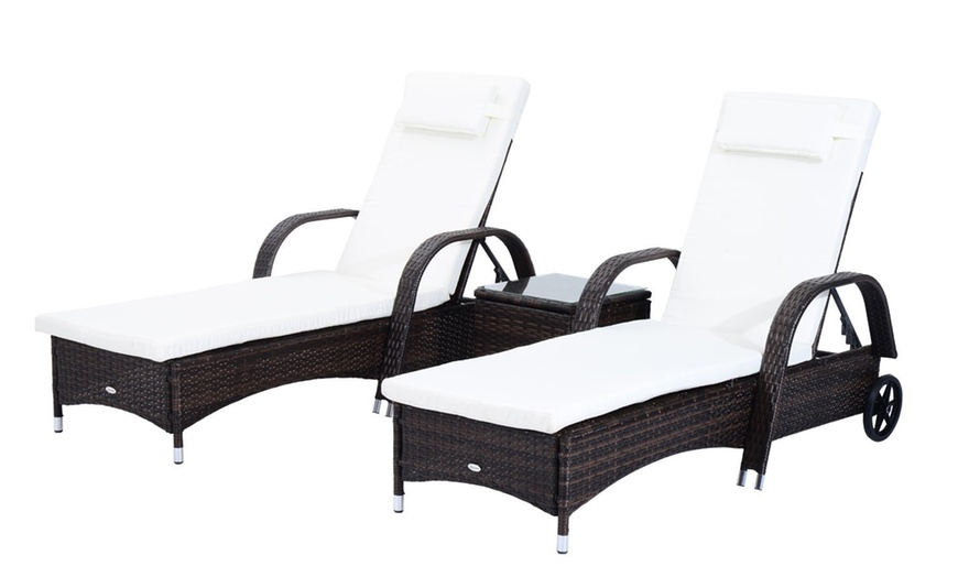 Image 4: Outsunny Set of Two Sun Loungers with Cushions and a Table