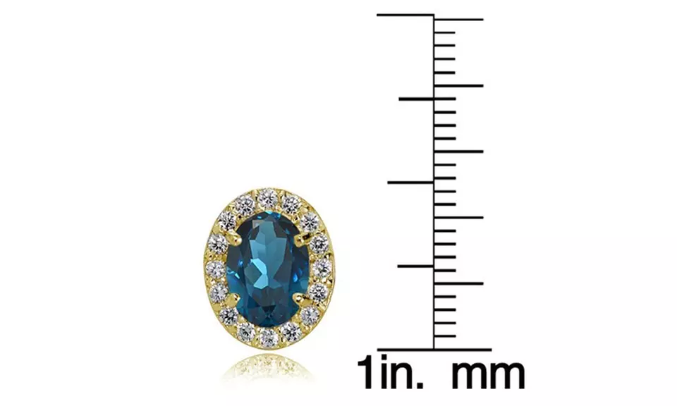 London Blue & White Topaz Oval Halo Stud Earrings in Yellow Flash 925 Silver