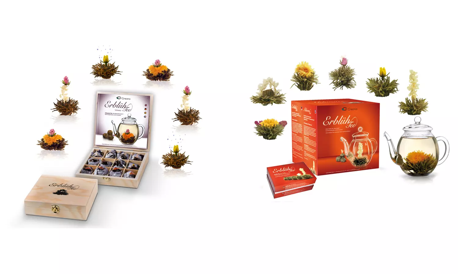 Erblühtee-Geschenk-Set mit Schwarzem oder/und Weißem Tee, wahlweise mit Holzbox oder Glasteekanne - Primary Image