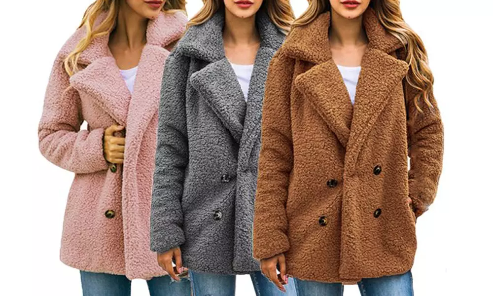 Double Breasted Oversize Teddy Fleece Fully Lined Jacket - Primary Image