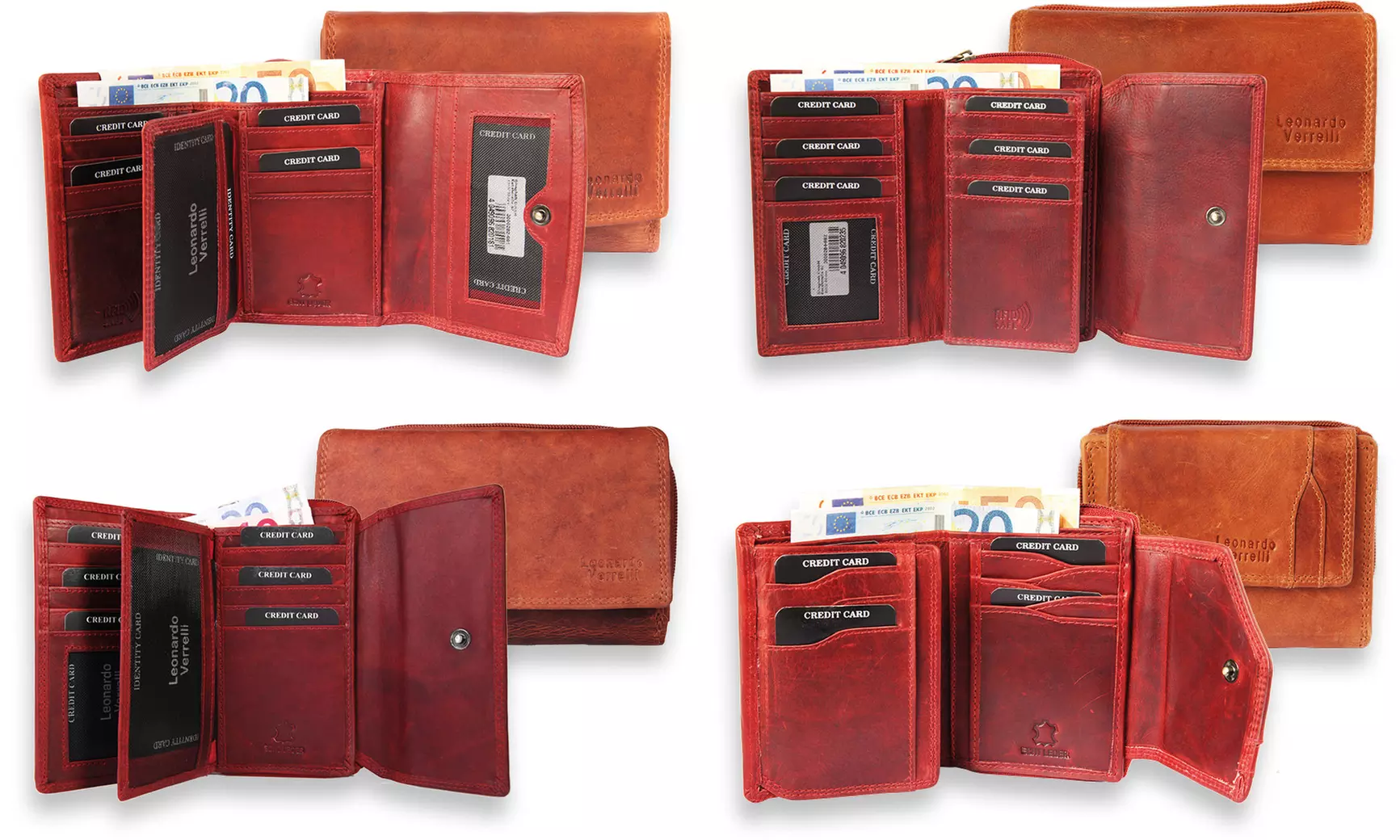 1x oder 2x Leonardo Verrelli Damen-Geldbörse aus Rindsleder in Rot oder Cognac im Modell nach Wahl mit RFID-Schutz - Primary Image