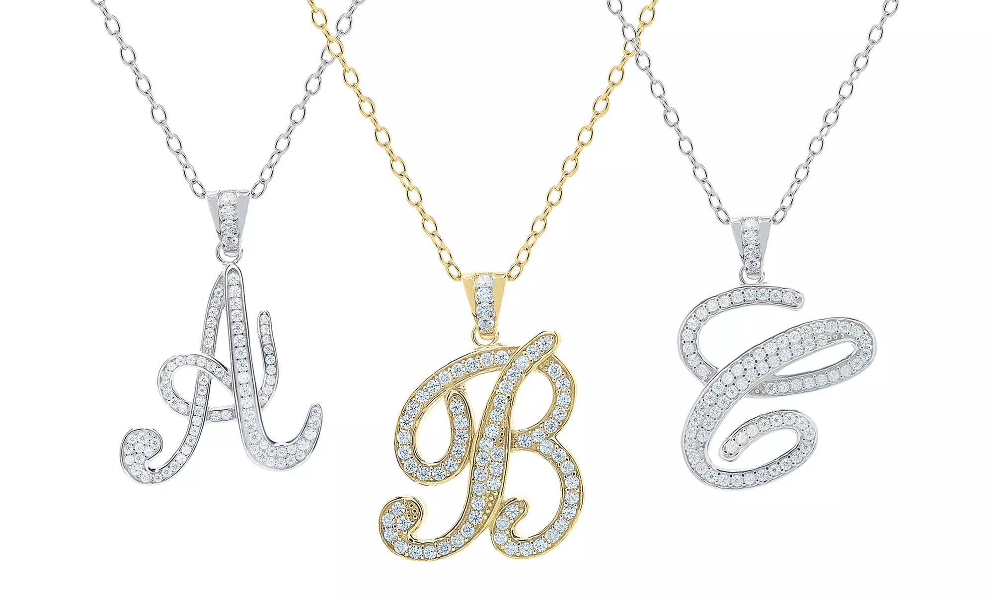 Elements of Love Script Initial Cubic Zirconia Pendant Necklaces in Plated Sterling Silver (Multiple Options) - Primary Image