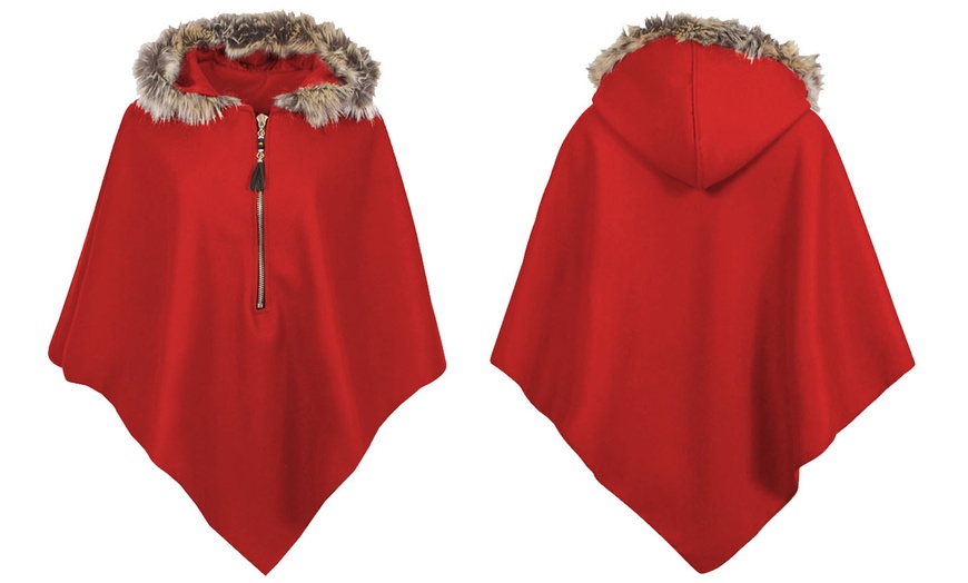 Image 17: Ladies Fur Trim Hooded Cape 