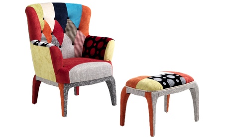 Poltrona e pouf Kaleidos-E rivestiti in tessuto realizzato con tecnica patchwork