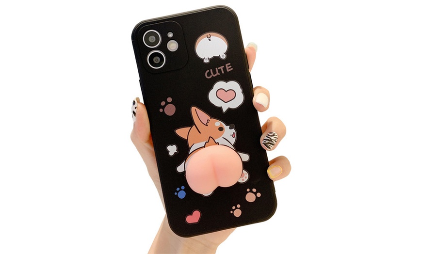 Image 3: Coque anti-stress iPhone, design "corgi" avec partie fessier à presser