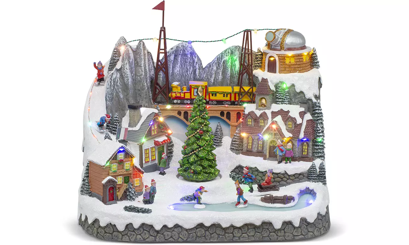 Adorno navideño "Aldea de Navidad" con luces de colores y melodía