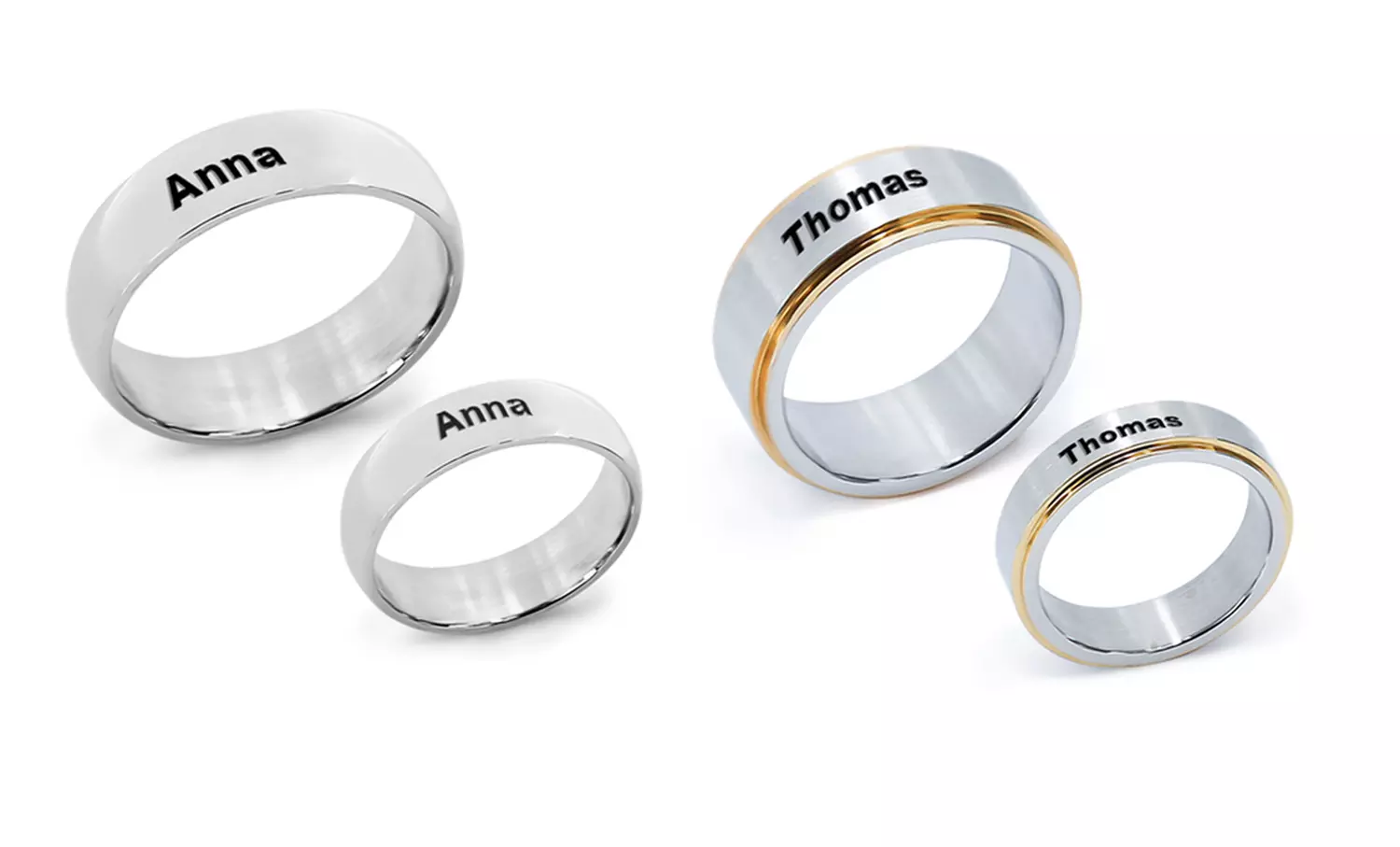 Set of Two or Four Stainless-Steel Engraved Couples or Family Name Rings from MonogramHub (Up to 75% Off) - Primary Image