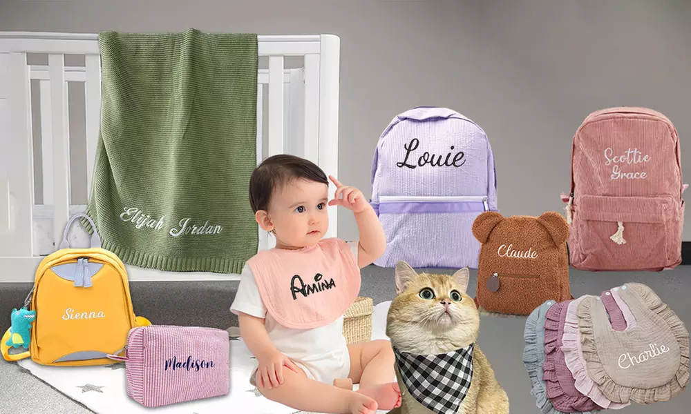 Baby-Latz, Rucksack, Kulturbeutel oder Babydecke mit Bestickung