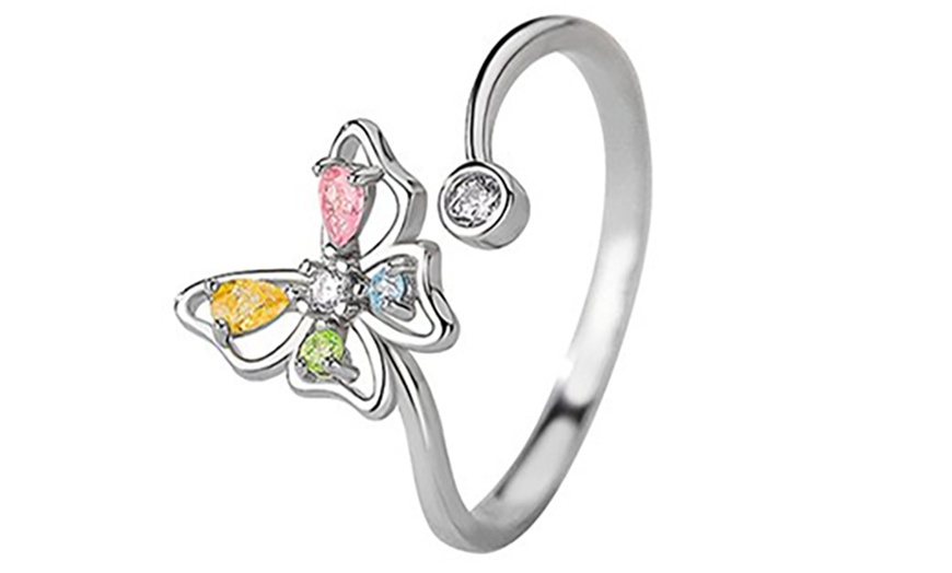 Image 1: Multicolour Butterfly Adjustable Ring with Crystals