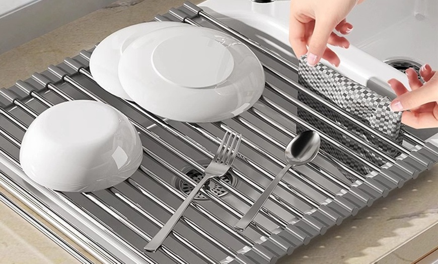 Image 1: One or Two Expandable Roll Up Dish Drying Rack