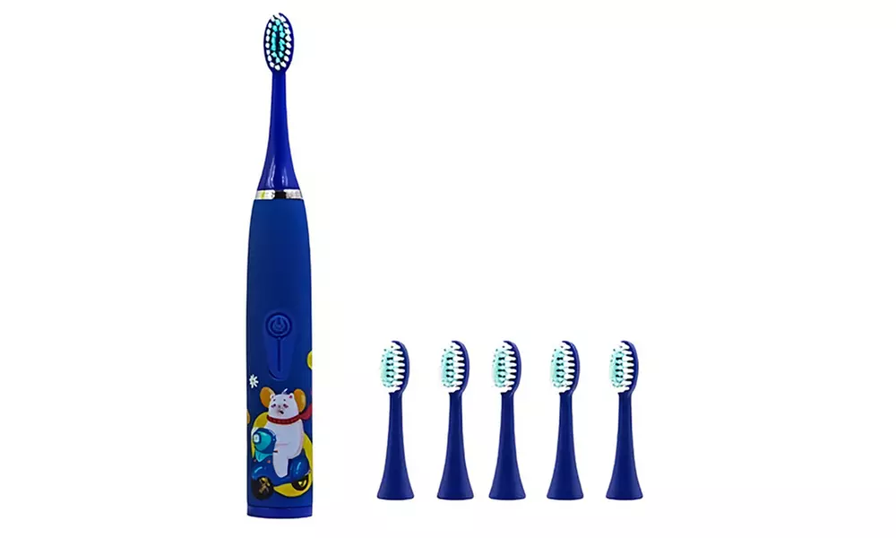 Elektrische Kinder-Zahnbürste mit Cartoon-Motiv + 6 Bürstenköpfe
