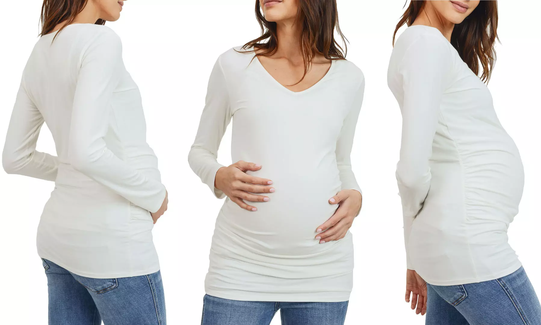 (3-Pack) Hello Miz Maternity Long Sleeve V-Neck T-Shirts with Ruching - Second Medium