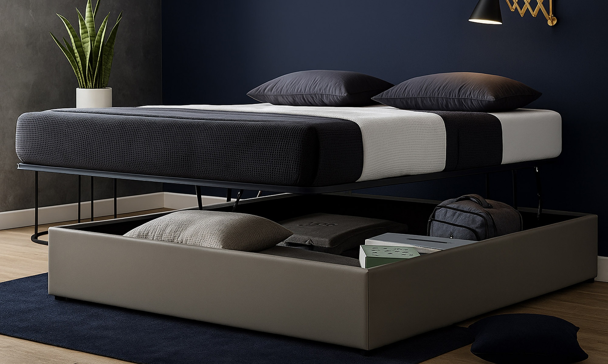 Lit coffre simili cuir, 3 Positions : Repos, Stocker, Sampur