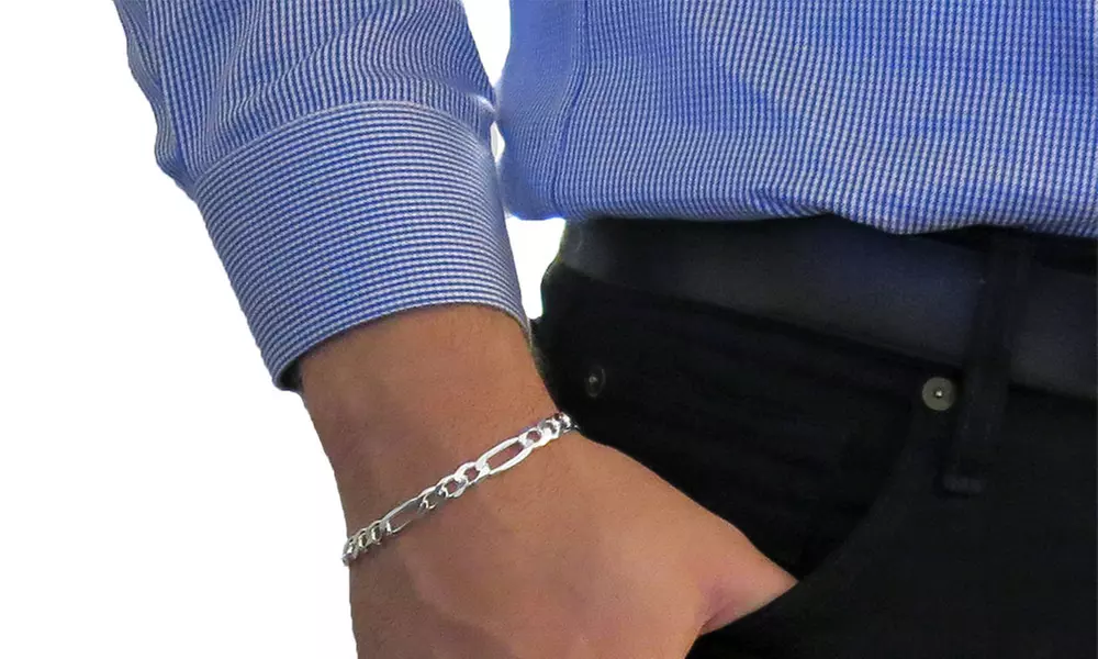 Men's Italian-Made Solid Sterling Silver 150-Gauge Figaro Bracelet - Second Medium