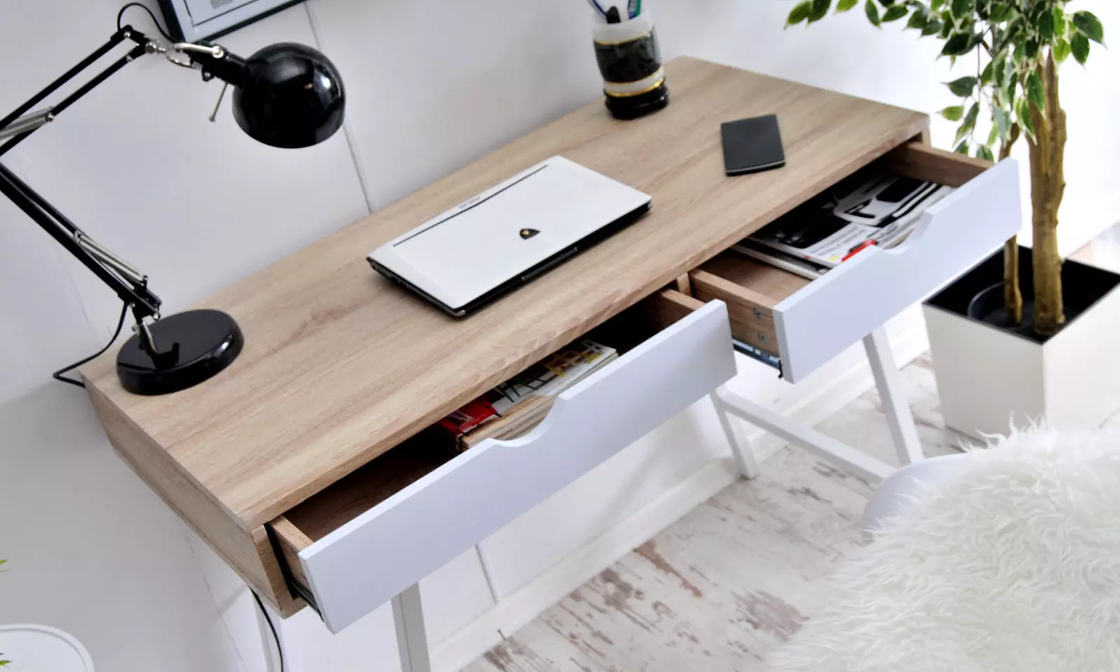 Bureau scandinave Falun blanc avec 2 tiroirs - Second Medium