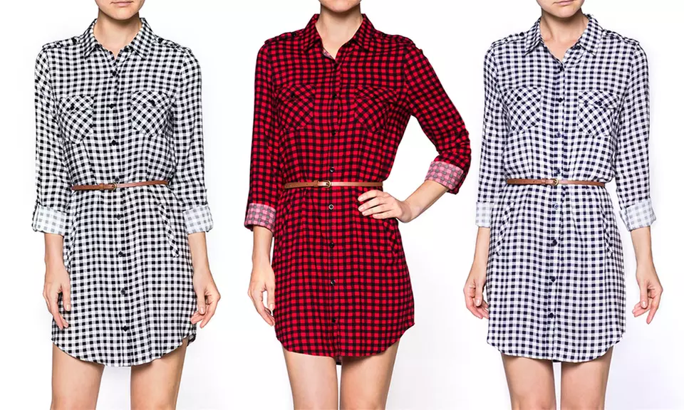 Women's Belted Plaid Shirt Dress - Primary Image
