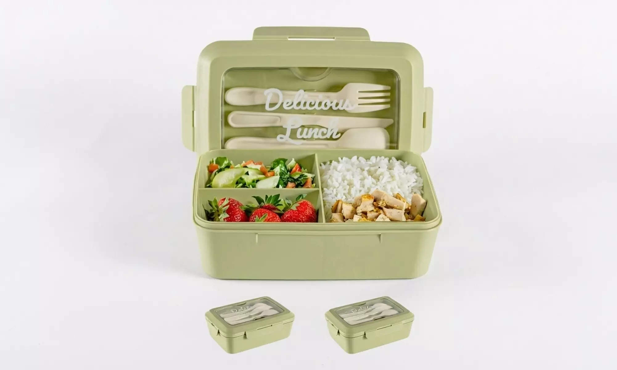 Set van 2 lunchboxen (1300 ml.) met 3 vakken en bestek
