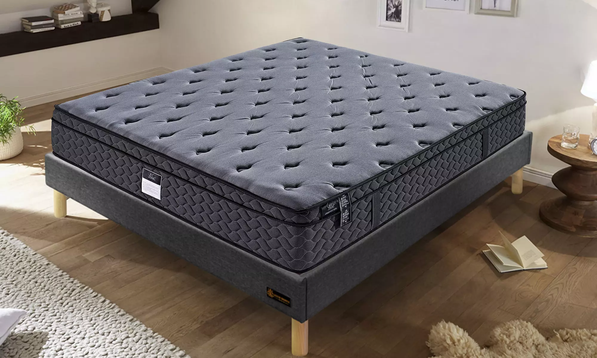 Lit "Miami" en tissu, pieds inclus et arrêt matelas et lattes, Sampur