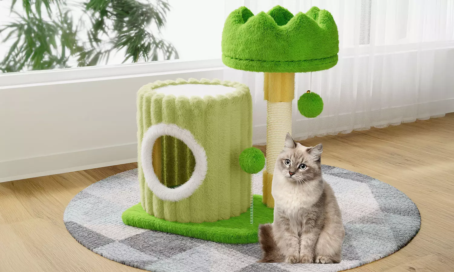 Katzenbaum mit Turm und Spiel in Grün oder Grau - Primary Image