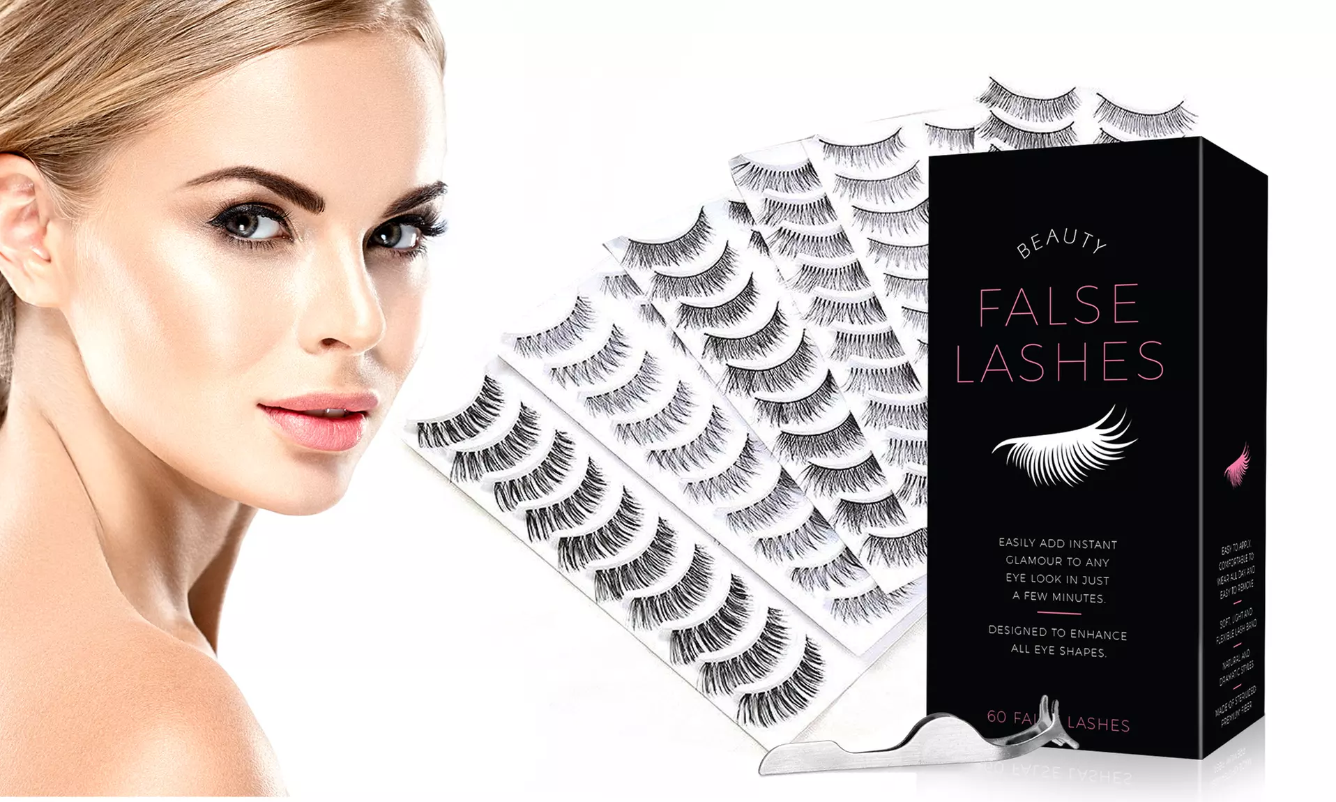 60-Pairs False Eyelashes Pack with Tweezers - Primary Image
