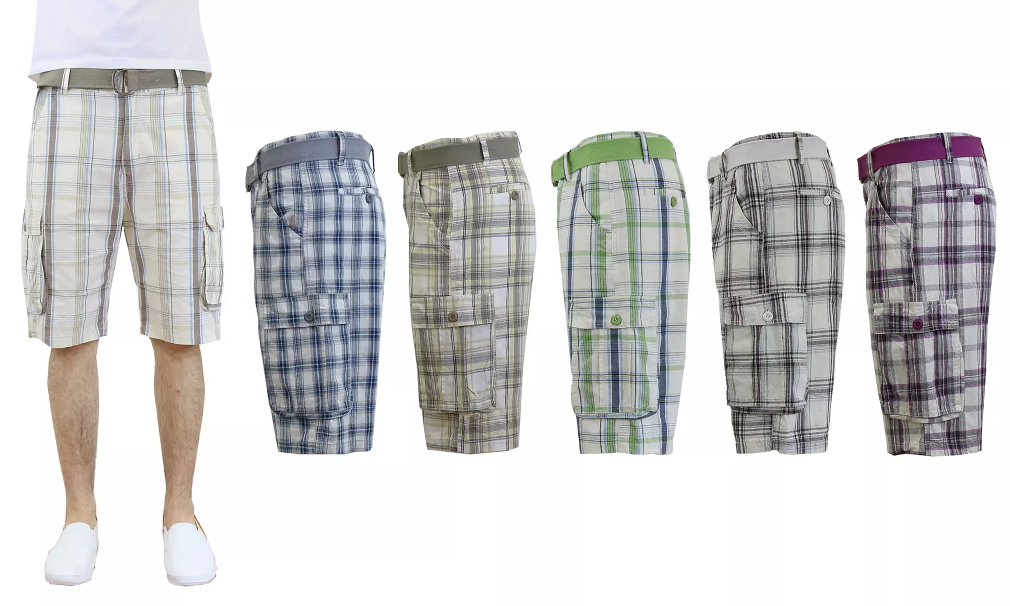 Galaxy By Harvic Men's Slim-Fit Belted Plaid Cotton Cargo Shorts (30-40) - Primary Image