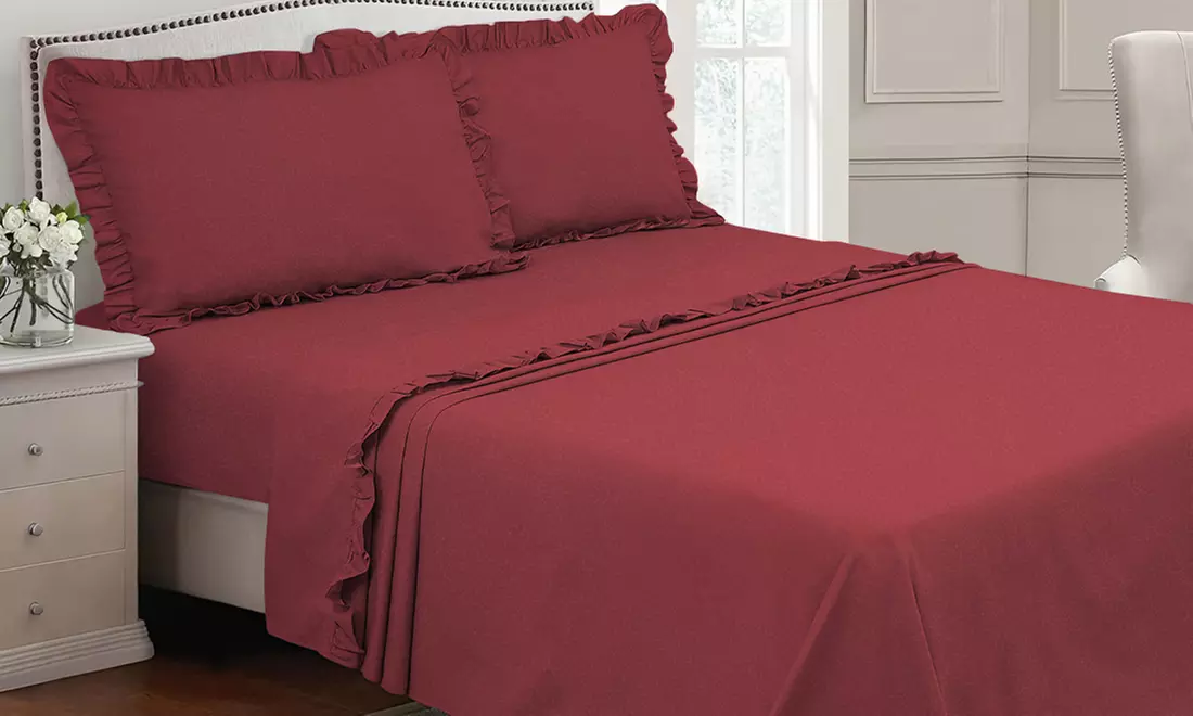 Bettwäsche-Set mit Rüschen in Grau, Taubengrau oder Weinrot - Primary Image