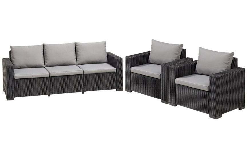 Image 4: Keter California Rattan-Effect Sofa Lounger and Two Chairs Set