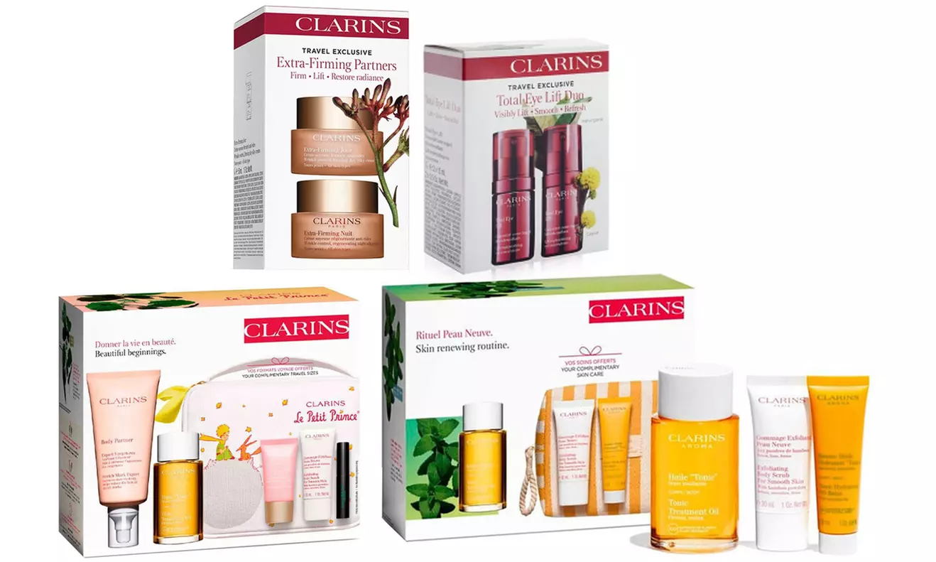 Coffrets cadeaux Clarins avec crèmes, contour yeux, huiles, mascara