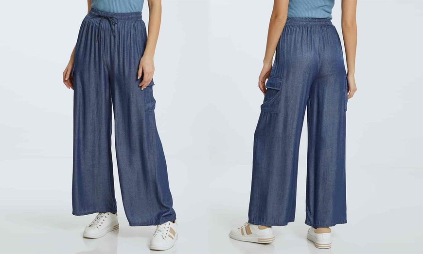 Image 4: Wide Leg Denim Cargo Palazzo Trousers