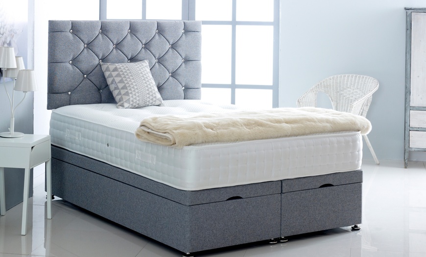 Image 1: Linen Ottoman Divan Bed with Mattress and Chesterfield Headboard
