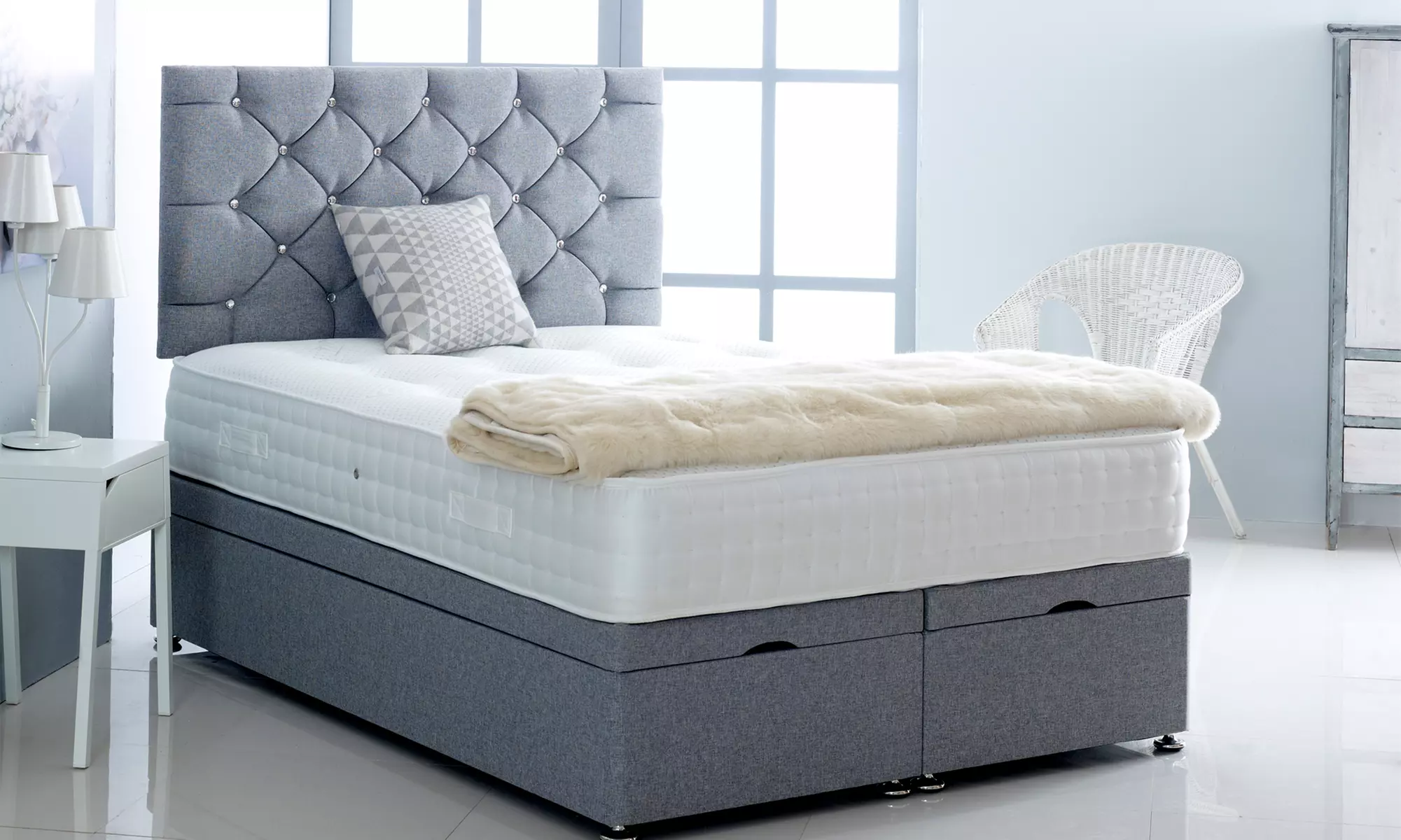Linen Ottoman Divan Bed with Mattress and Chesterfield Headboard