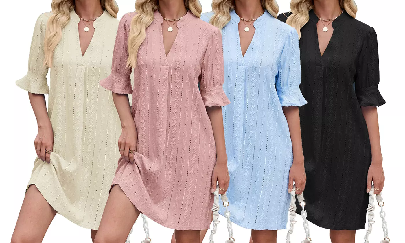 Women's V Neck Ruffled Half Sleeves Shift Dress Flowy Summer Beach Cover Up