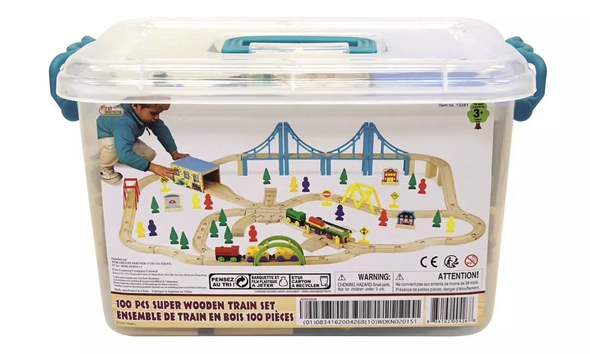 Circuit train en bois,100 pièces, dans en bois dans un grand bac de rangement - Second Medium