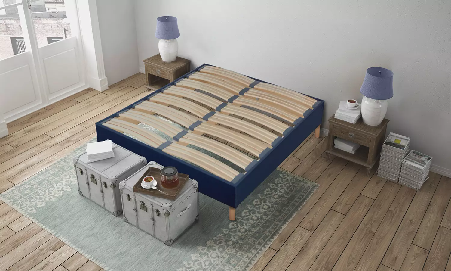 Sommier velours bleu nuit avec pied en bois, disponible avec tête de lit ou matelas en option, livraison gratuite - Primary Image