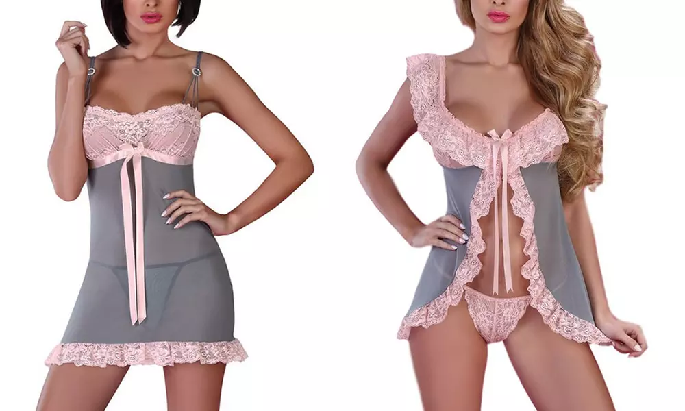 Verführerische Negligés mit Spitze und Zierschleife inkl. String im Modell und in der Größe nach Wahl - Primary Image