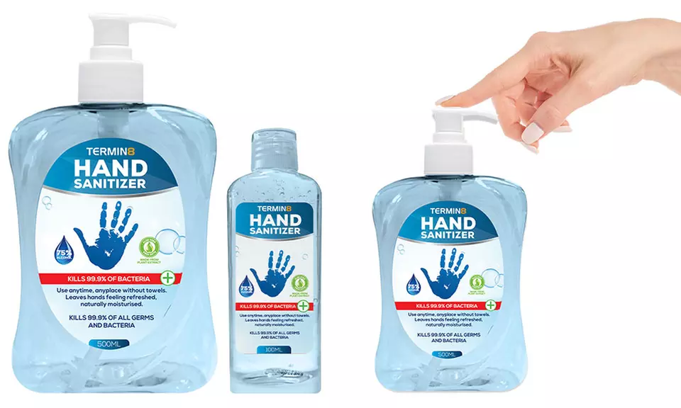 1 o 2 gel igienizzante mani Termin8 disponibile da 100 ml o 500 ml - Primary Image