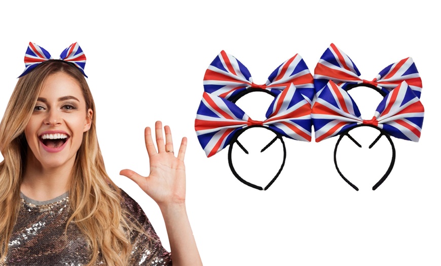 Image 2: One, Two or Four Great Britain Union Jack Flag Bow Headbands