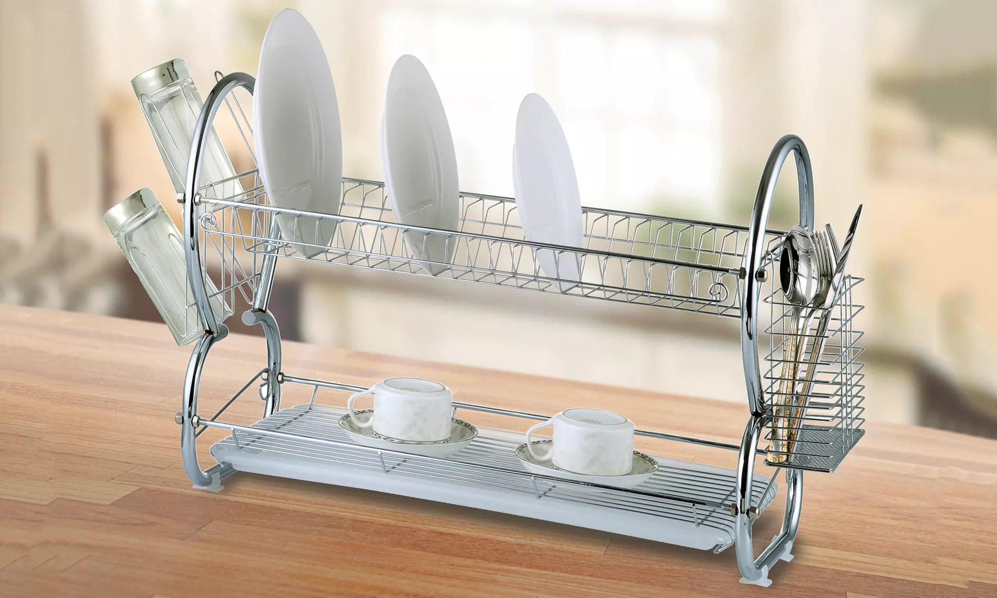 2-Tier 18" or 22" Chrome-Plated Stainless Steel Dish Rack (4-Piece) - Second Medium