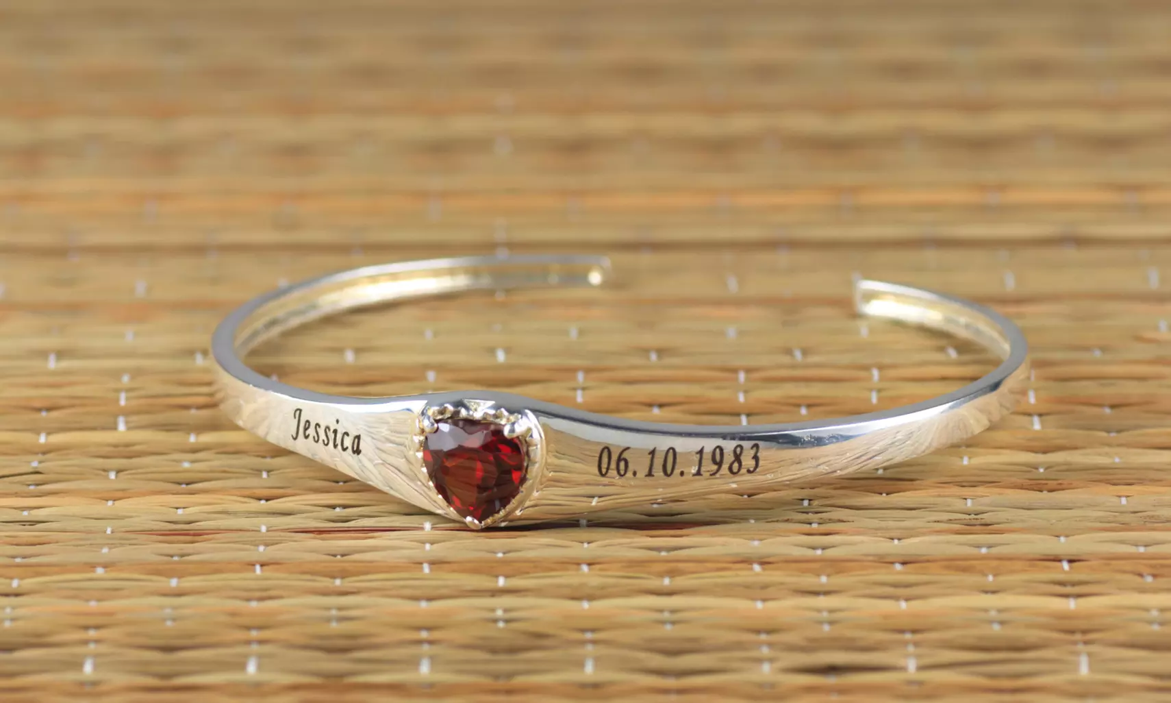 Personalized Heart or Oval Birthstone Bangle with Silver Plating (Up to 97% Off) - Second Medium
