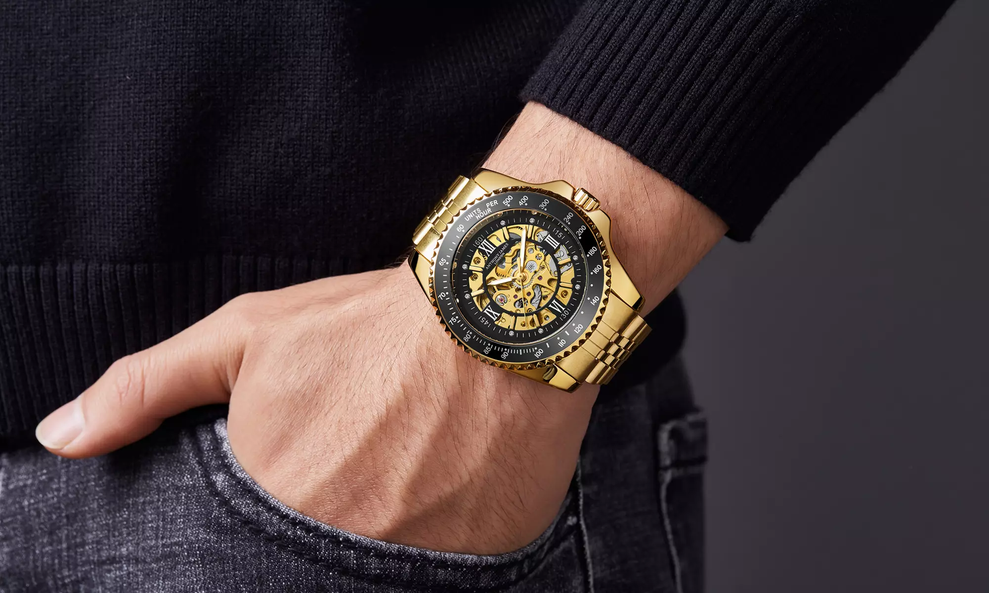 Montre automatique avec cadran ouvert et tachymètre par Anthony James, coloris au choix - Image 5