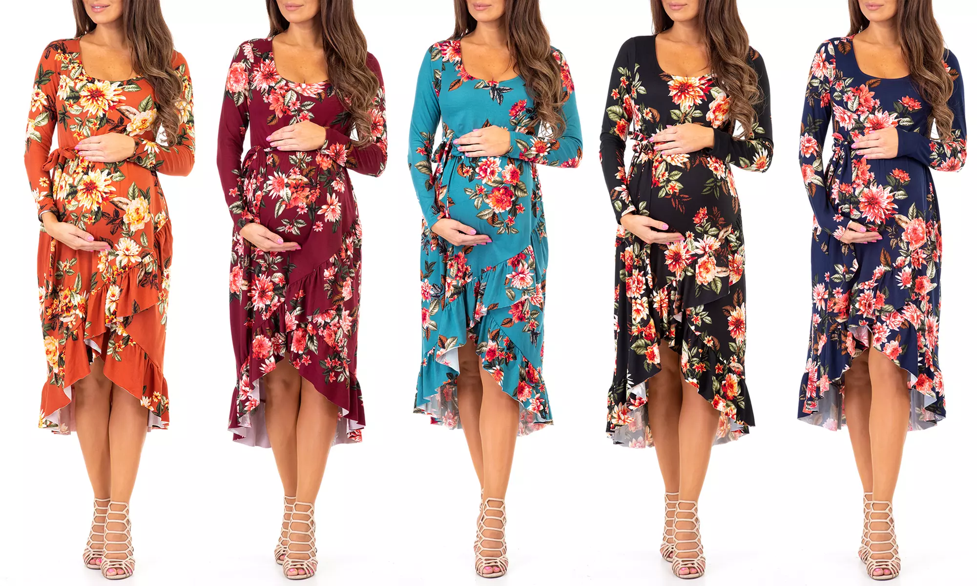 Women's Maternity Hi-Lo Ruffle Dresses with Adjustable Belt - Primary Image