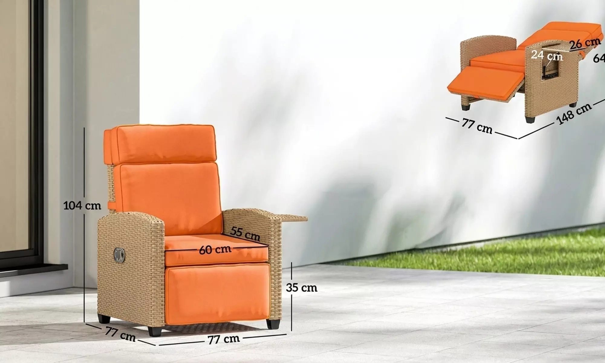 Outsunny Rattan-Effect Recliner Chair with Footrest and Side Tray