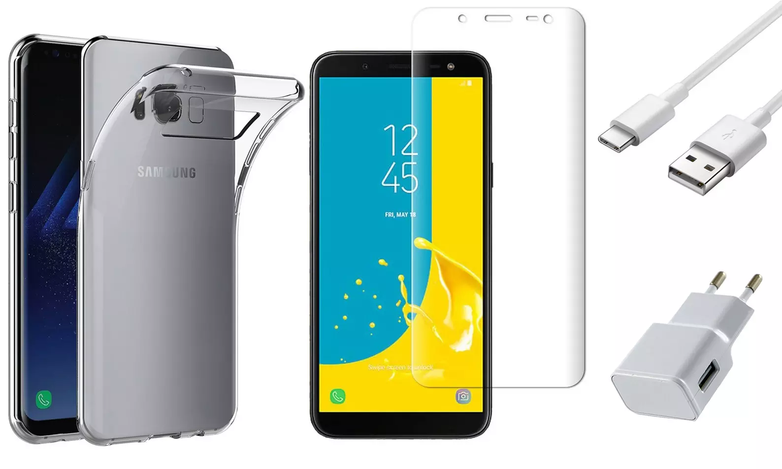 Pack complet : Chargeur, câble USB, coque transparente et verre trempé pour Samsung Galaxy S7 / S8 / S9 / S10 et Note 8 - Primary Image