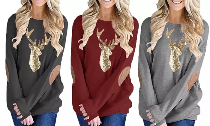 Leo Rosi Women's Gold Glitter Reindeer Top. Plus Sizes Available - Primary Image