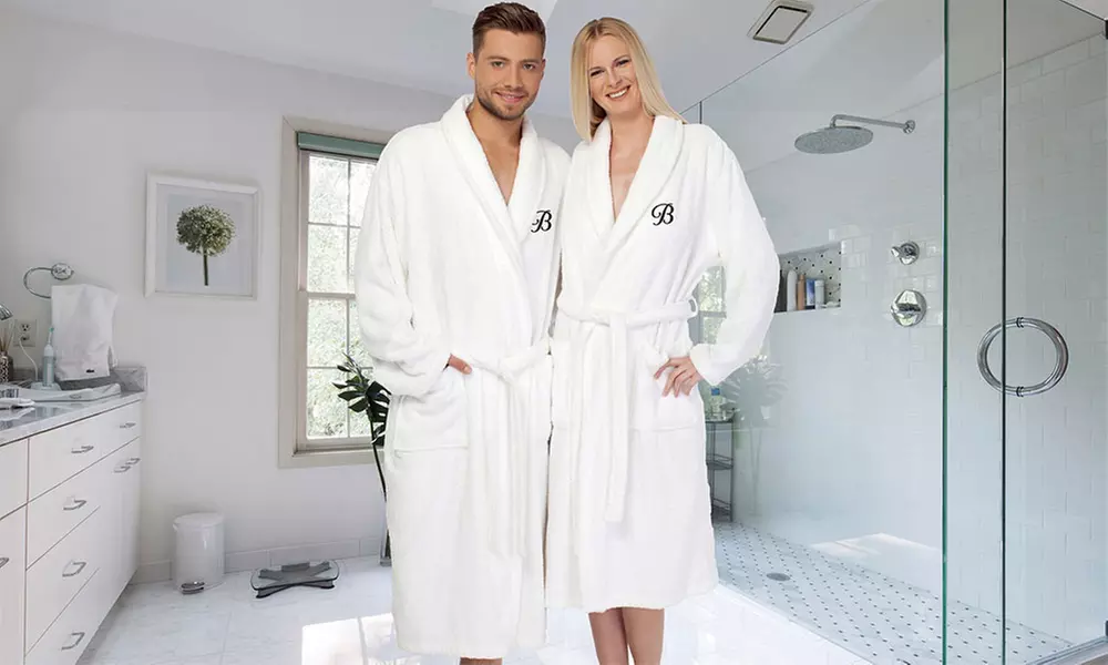 Linum Monogrammed Turkish Cotton Terry Robe with Black Script Initial - Primary Image