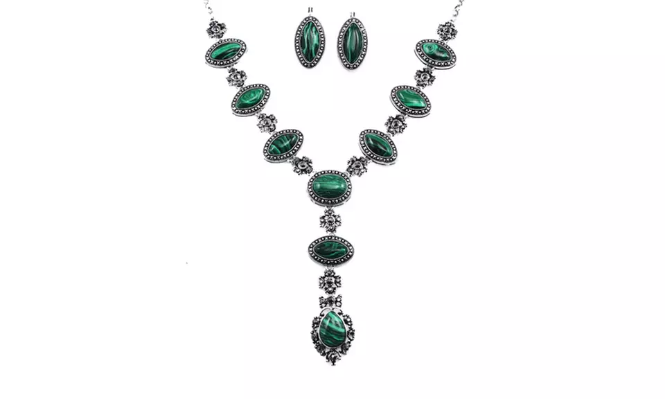 One, Two, or Three Malachite Rhinestone-Studded Queen Necklaces with Earrings from Novadab (Up to 88% Off) - Primary Image
