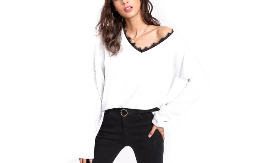 Image 3: Lace Trim V-Neck Sweater