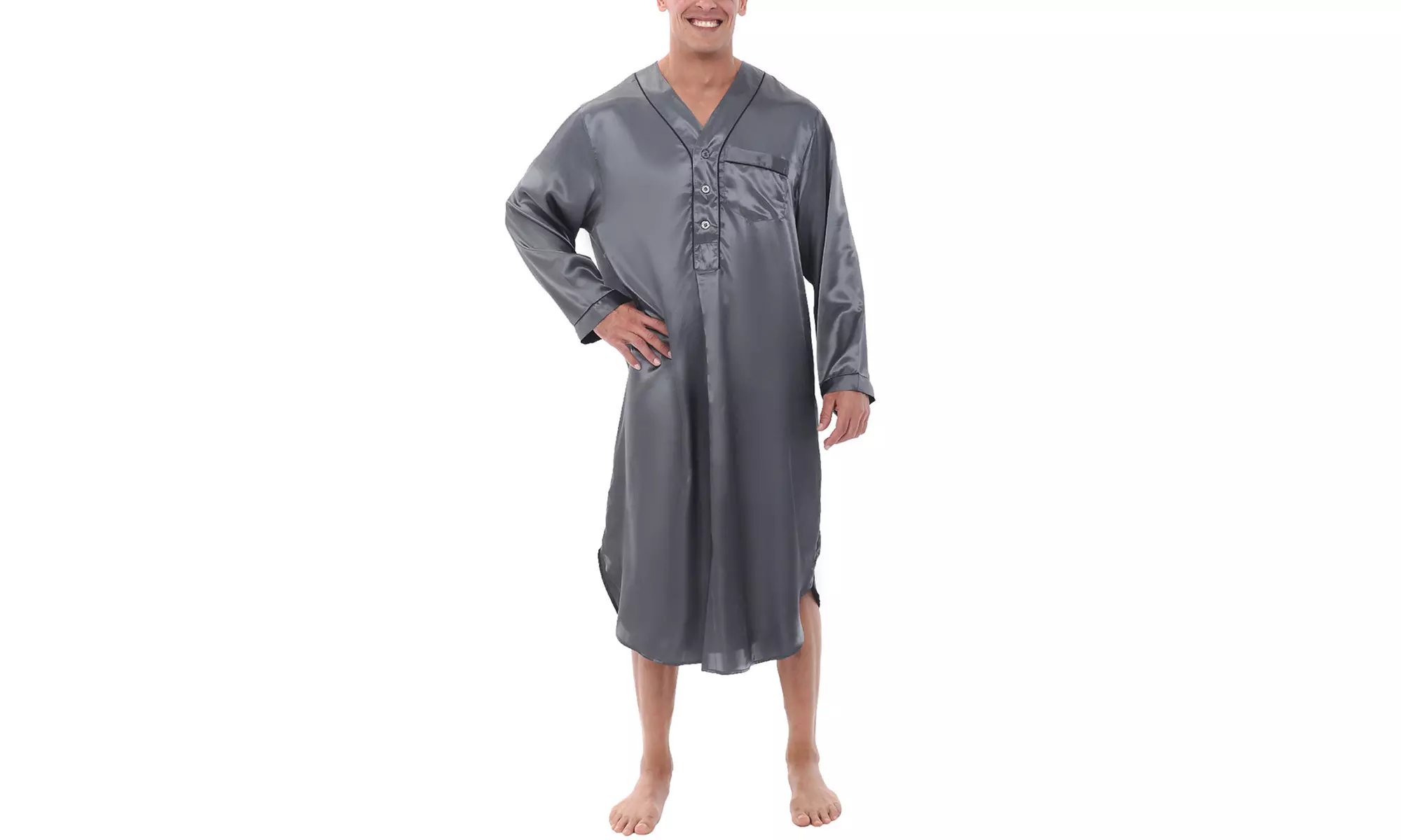 Alexander Del Rossa Men's Lightweight Woven Satin Long Caftan Nightshirt (S-XL) - Image 6