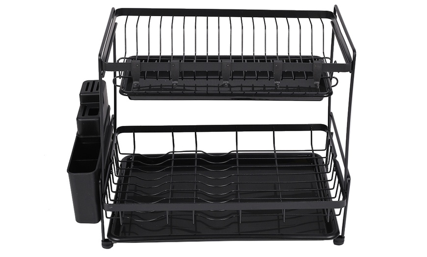 Image 2: Black 2-Tier Dish Drying Rack with Drain Trays and Utensil Holder