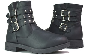 Girl's Stud Buckle Ankle Low Heel Boots